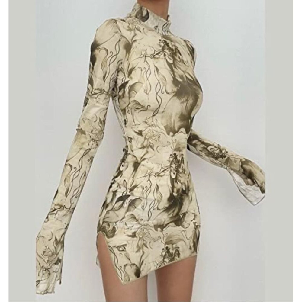 Unbranded Women's Mesh Printed Round Neck Bell Sleeve Slit Side Mini Dress S